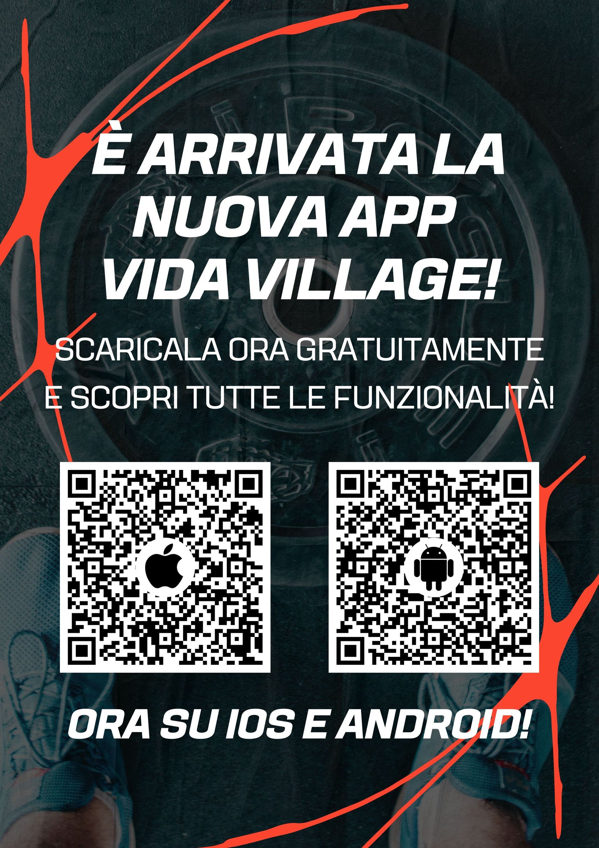Manifesto in italiano che annuncia la nuova app Vida Village, con due codici QR su sfondo nero e dettagli arancioni.
