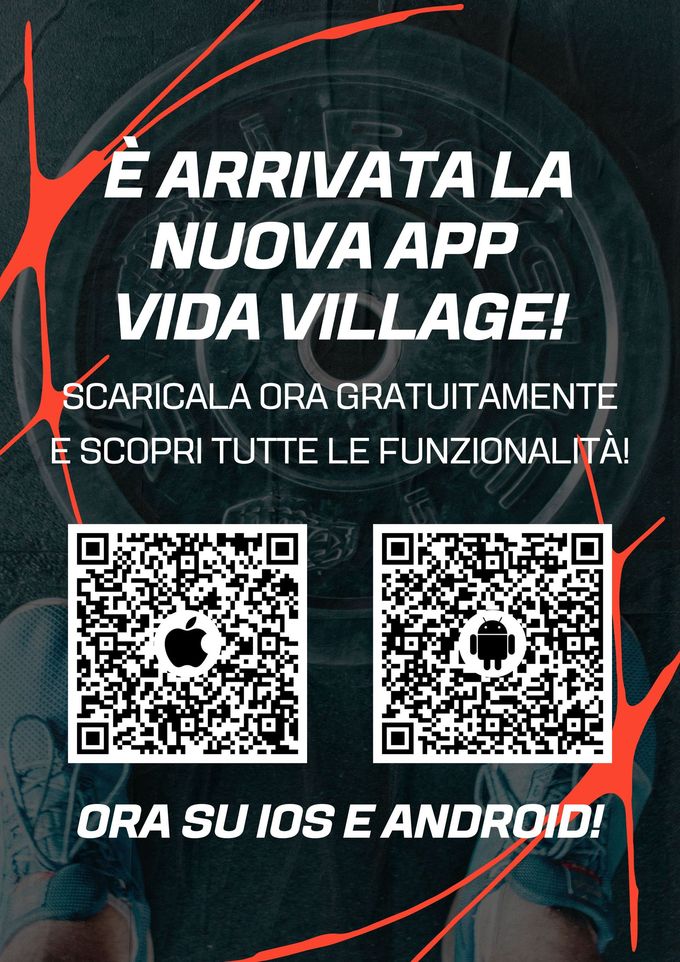 Manifesto in italiano che annuncia la nuova app Vida Village, con due codici QR su sfondo nero e dettagli arancioni.