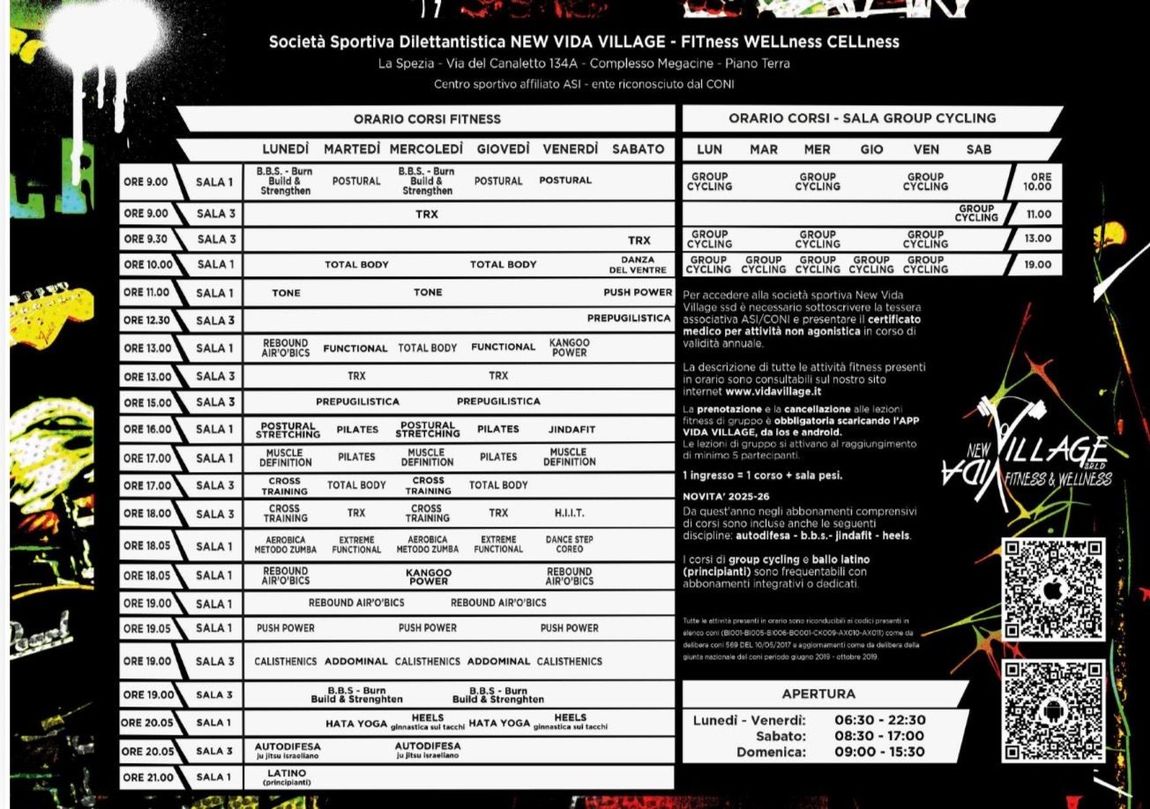 Volantino in bianco e nero per eventi, con un programma dettagliato, avvisi, logo e codice QR su sfondo scuro.