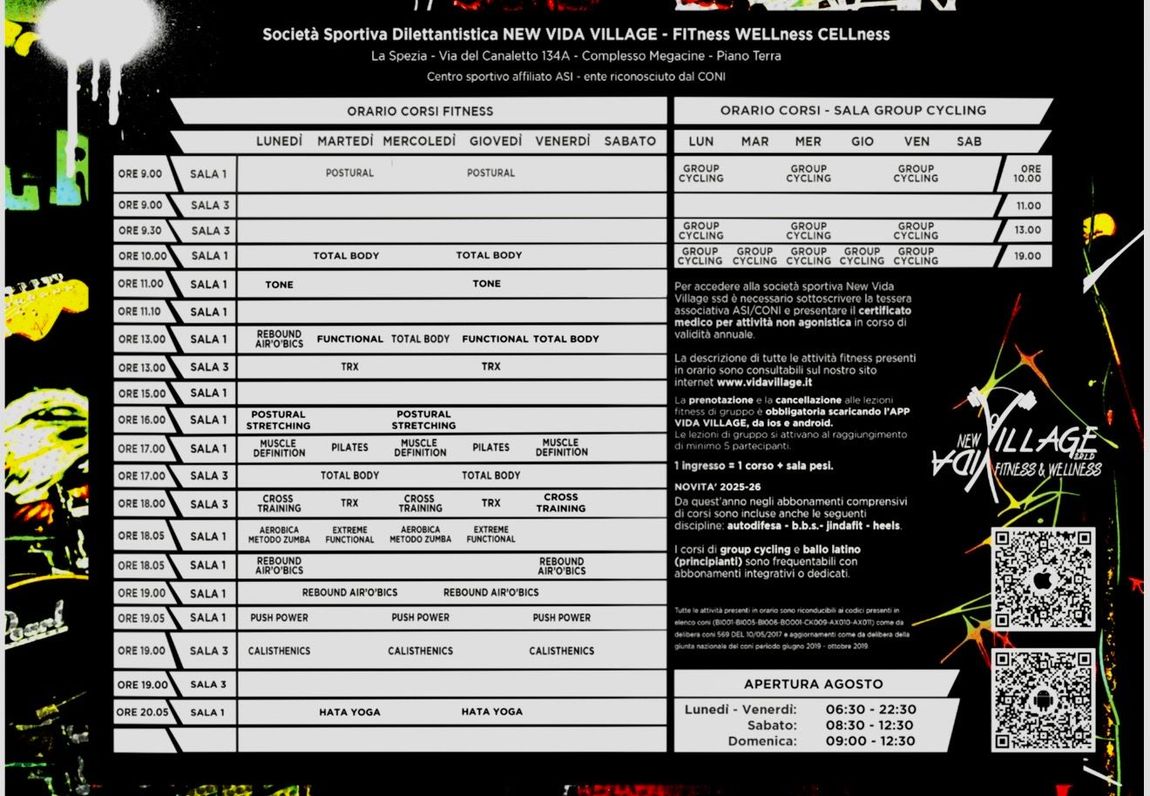Volantino in bianco e nero per eventi, con un programma dettagliato, avvisi, logo e codice QR su sfondo scuro.