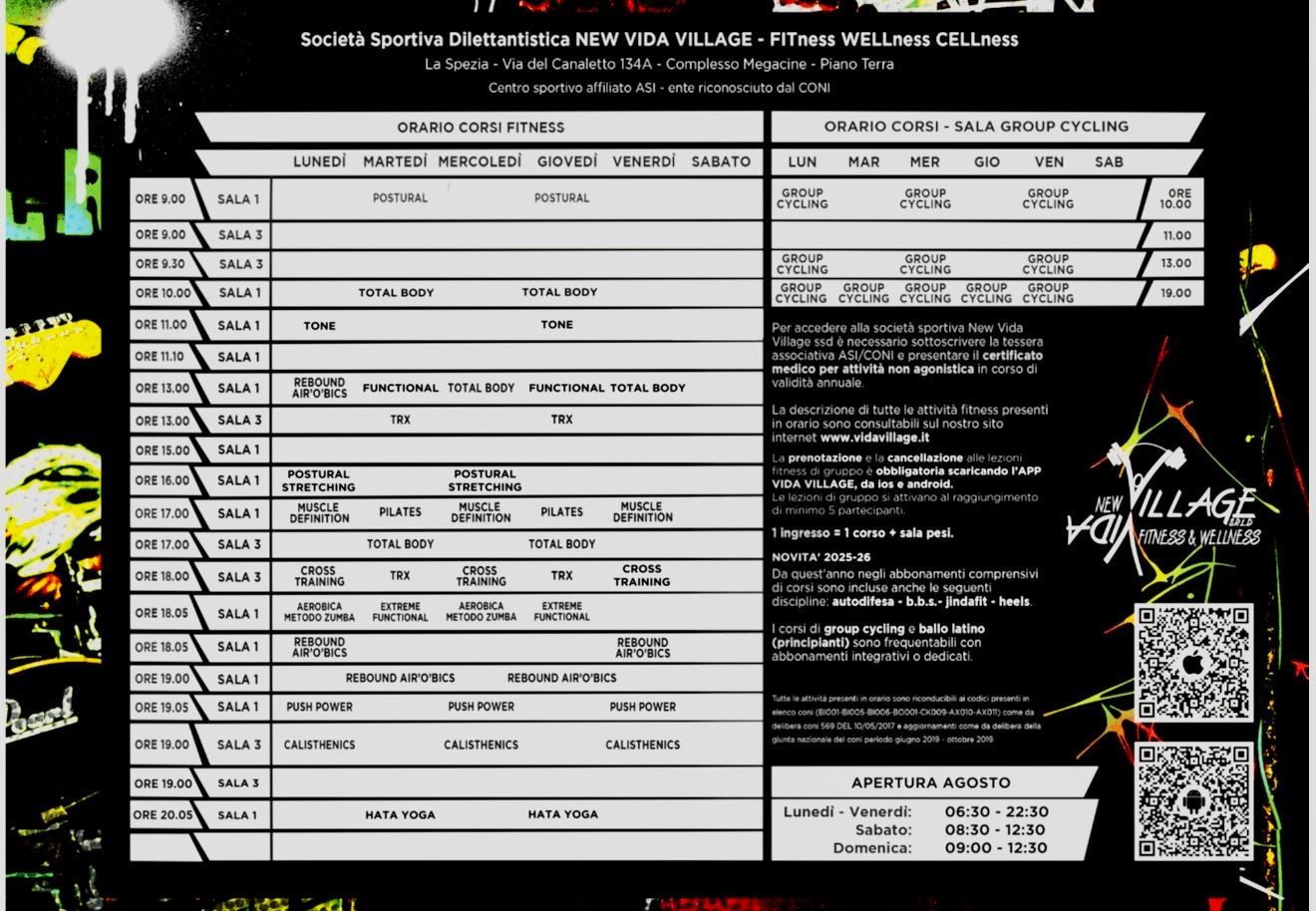 Volantino in bianco e nero per eventi, con un programma dettagliato, avvisi, logo e codice QR su sfondo scuro.