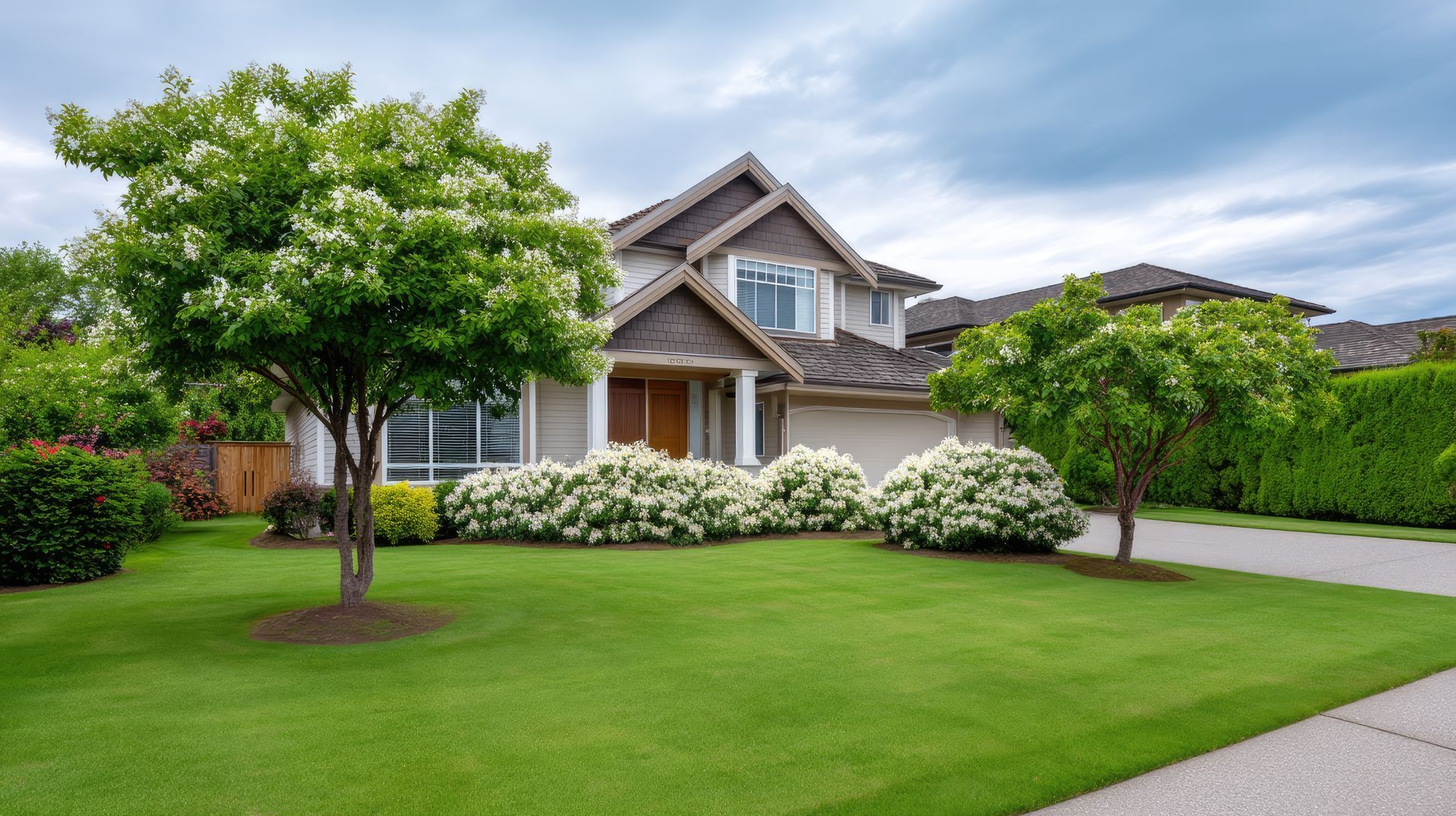 Suburban house surrounded by lush greenery and blooming white flowers on a well-maintained lawn. Suburban house surrounded by lush greenery and blooming white flowers on a well-maintained lawn.