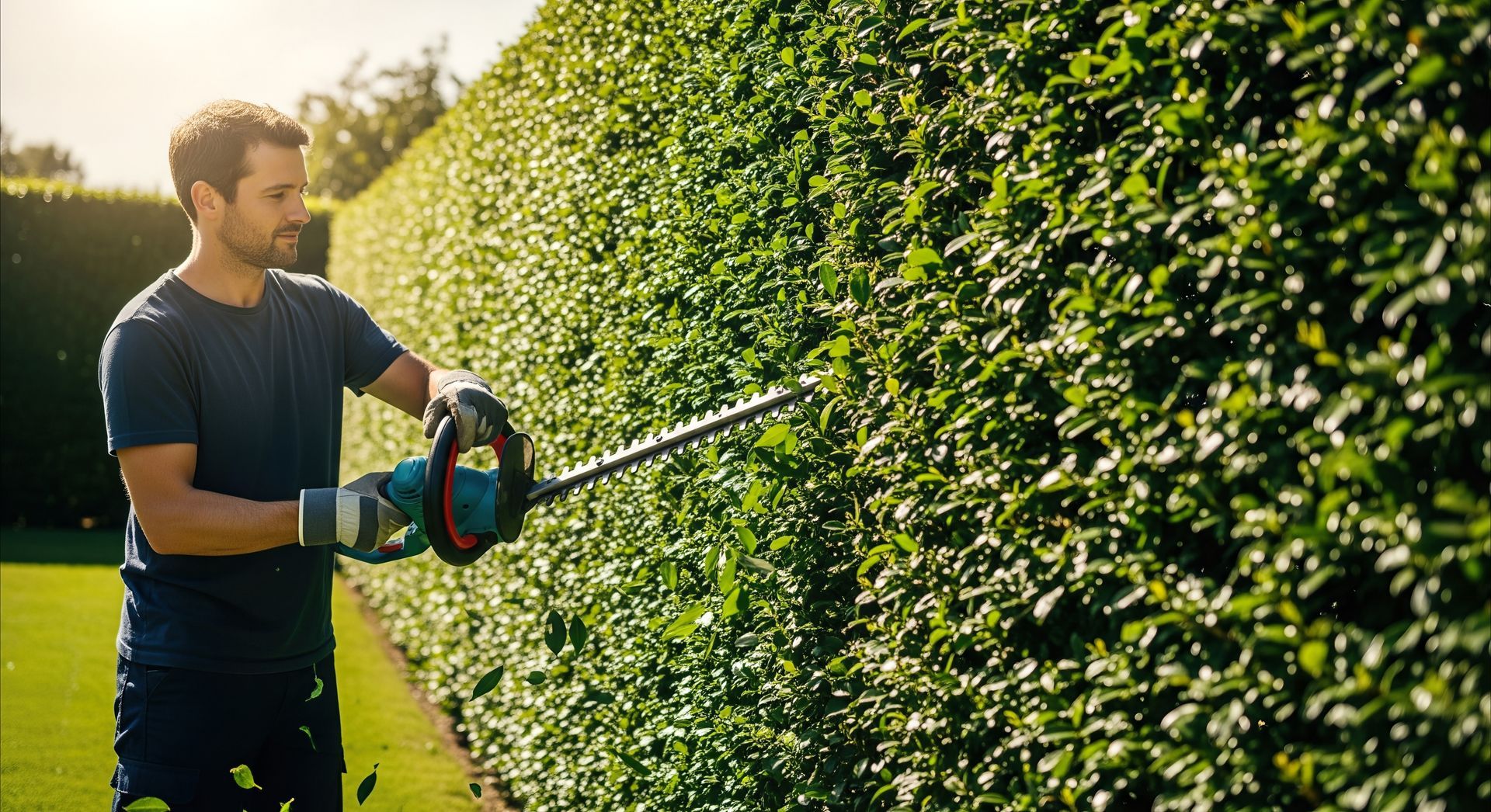 Worker in gloves trims a tall green hedge with a power trimmer during commercial tree service work.
