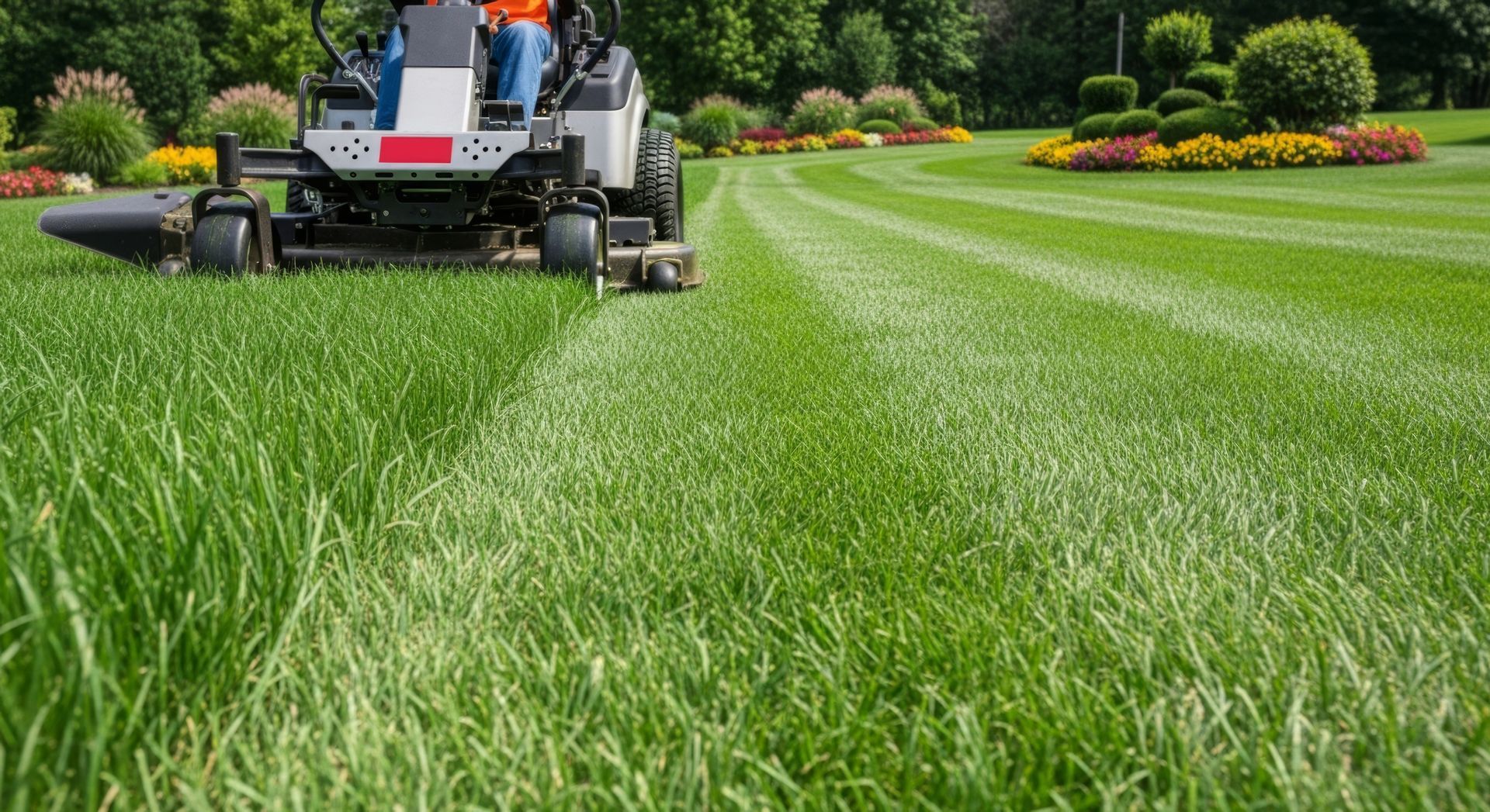 Riding mower cutting striped green lawn by flowering garden beds on a commercial tree service site. Riding mower cutting striped green lawn by flowering garden beds on a commercial tree service site.