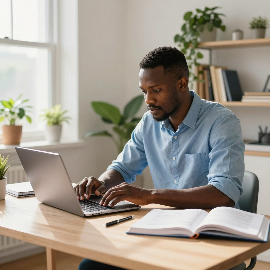 Person typing on a laptop at a desk with notebooks in a bright home office