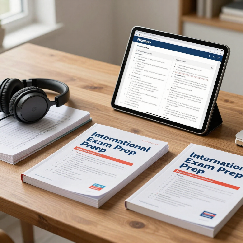 Desk with headphones, tablet, and two books titled “International Exam Prep” on a wooden table.