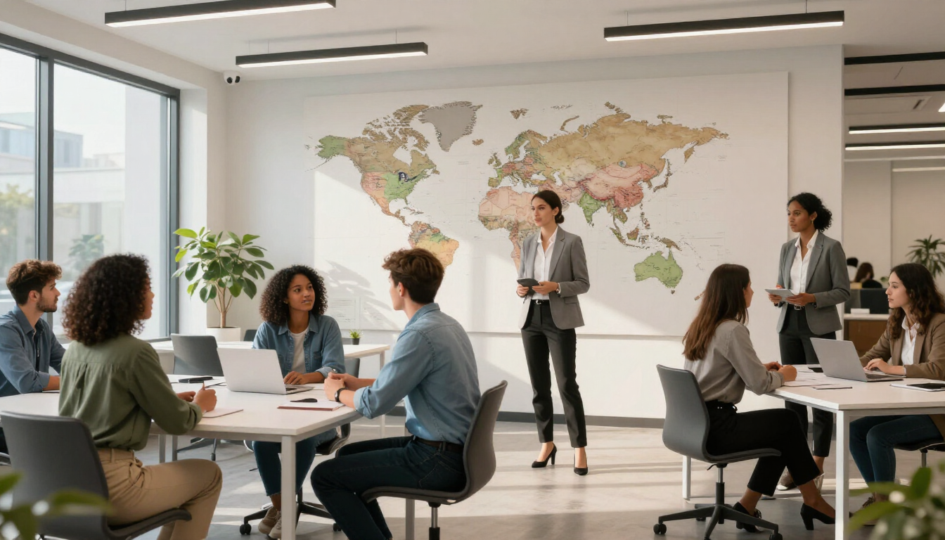 A group of diverse students successfully preparing for international career paths in a modern setting.