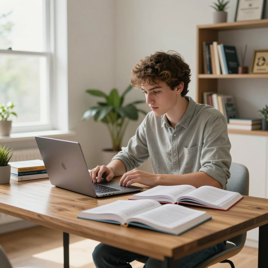 Person working on a laptop at a wooden desk with open books in a bright home office