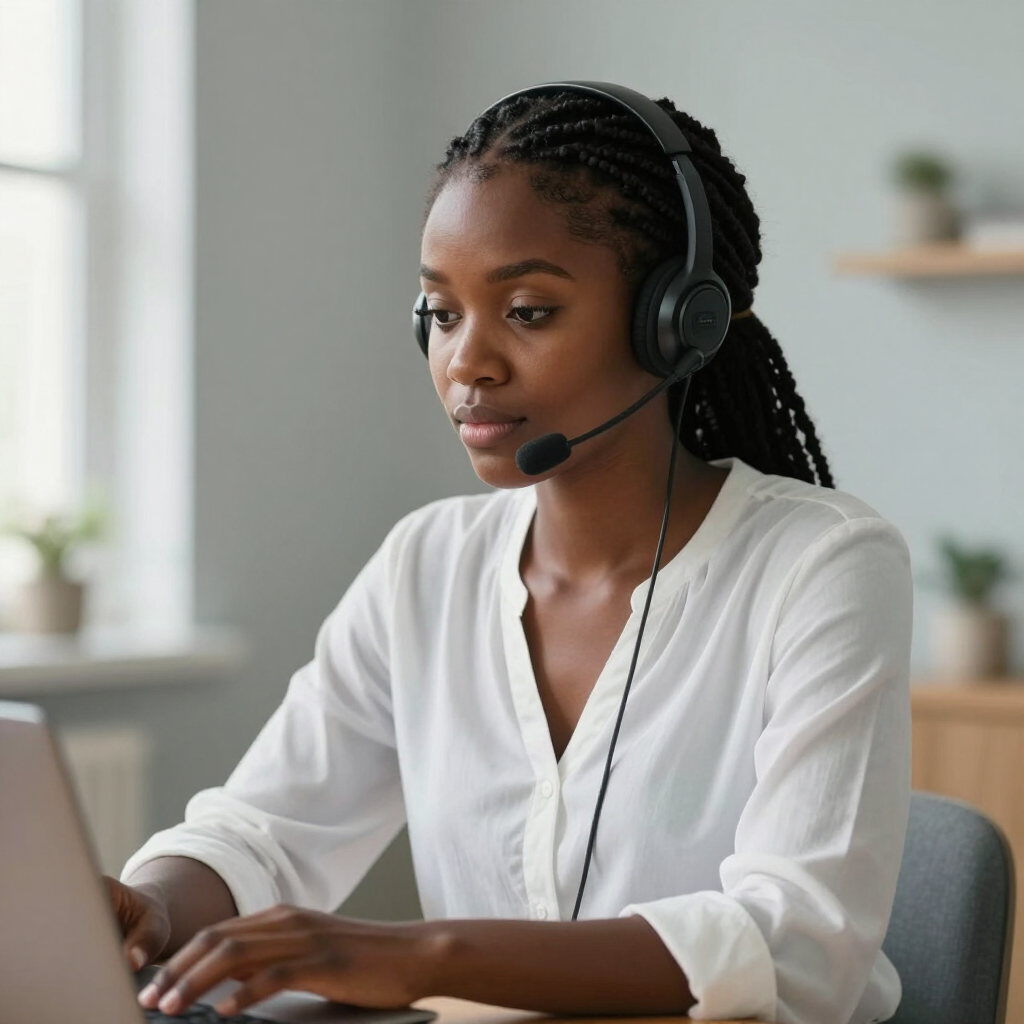 Person wearing a headset and working on a laptop at a desk in a bright office