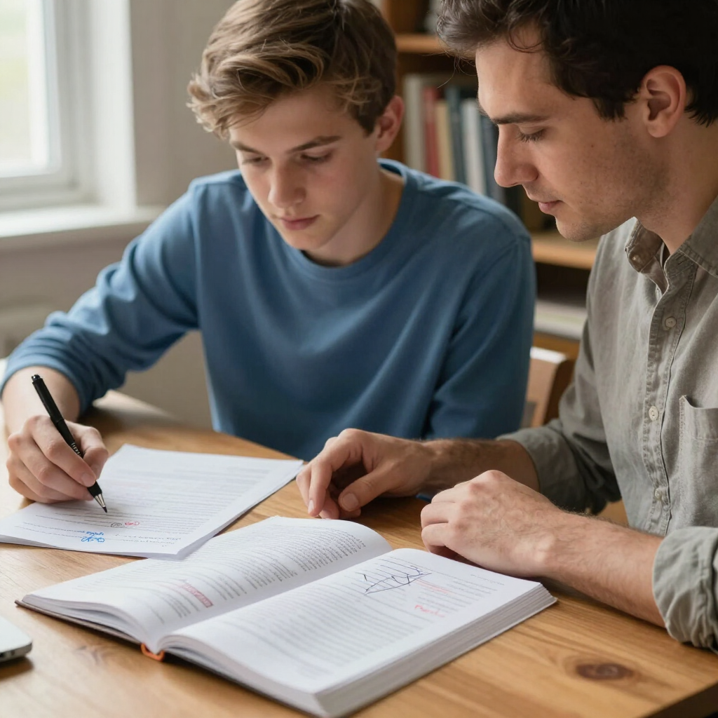 Two people study together at a wooden table, writing in notebooks beside an open book.