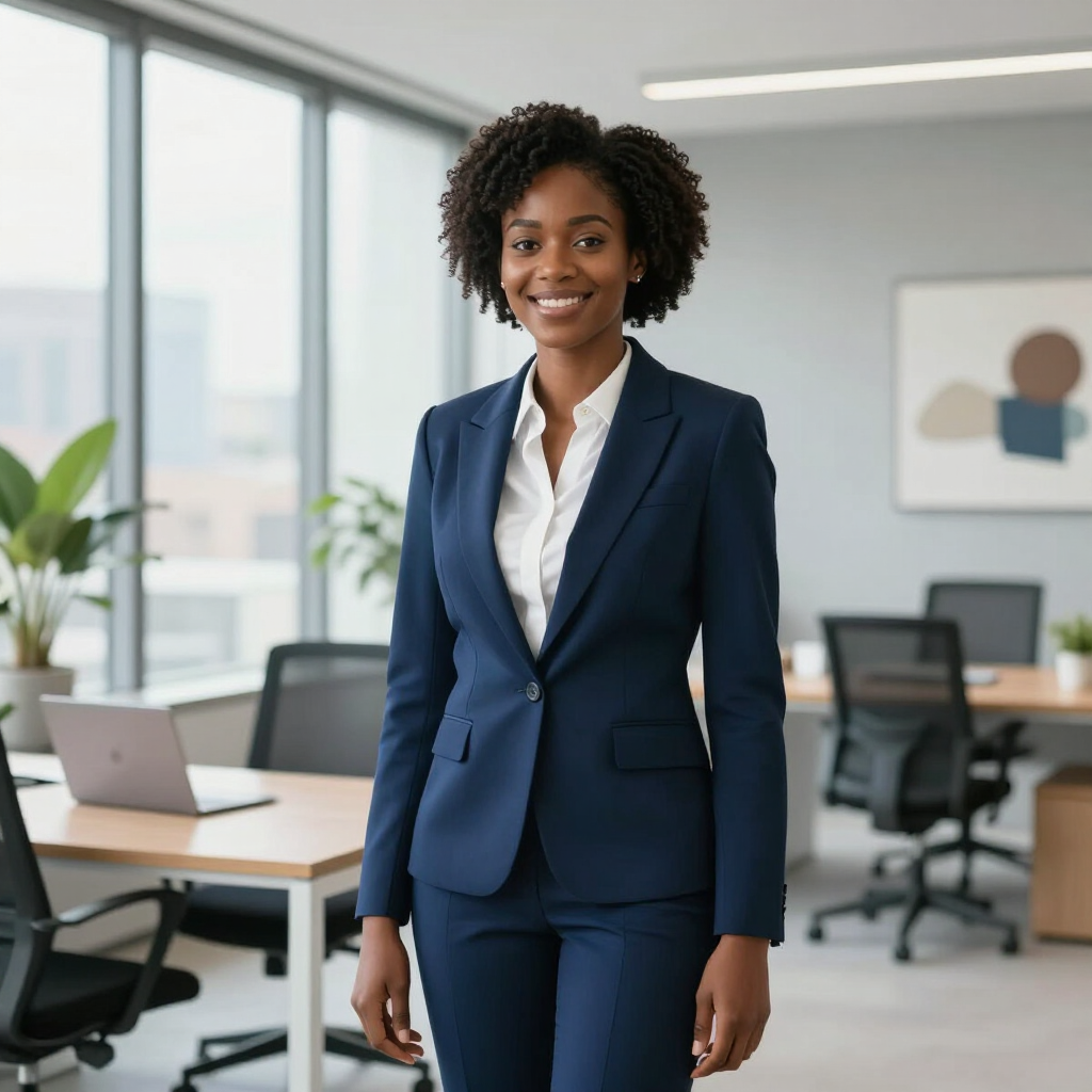 Professional woman in a navy suit stands in a modern office, smiling