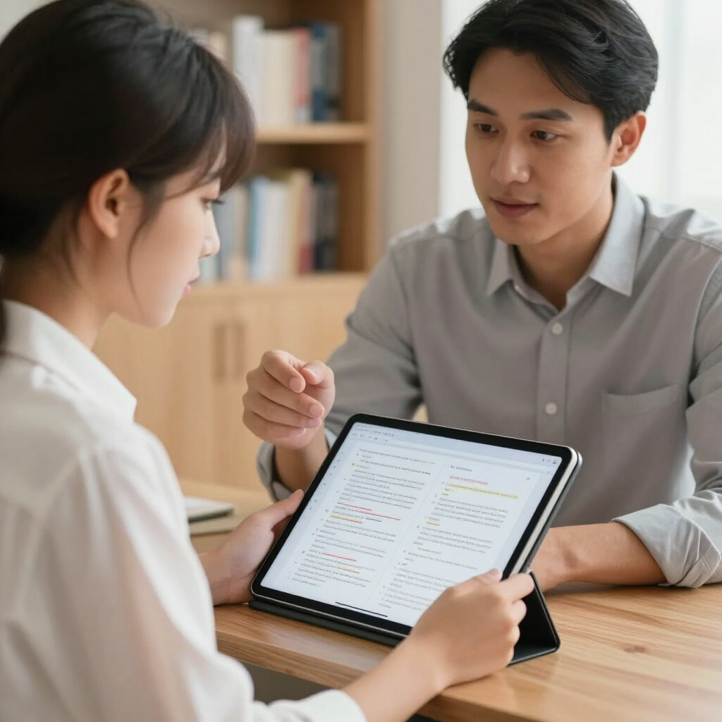 Two people review a tablet at a wooden table in a bright office setting.