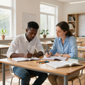 Two people studying together at a table, writing in notebooks in a bright classroom.