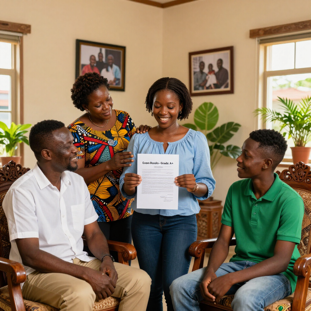 Four people in a living room; a smiling woman holds a document while two seated men and another woman look on.