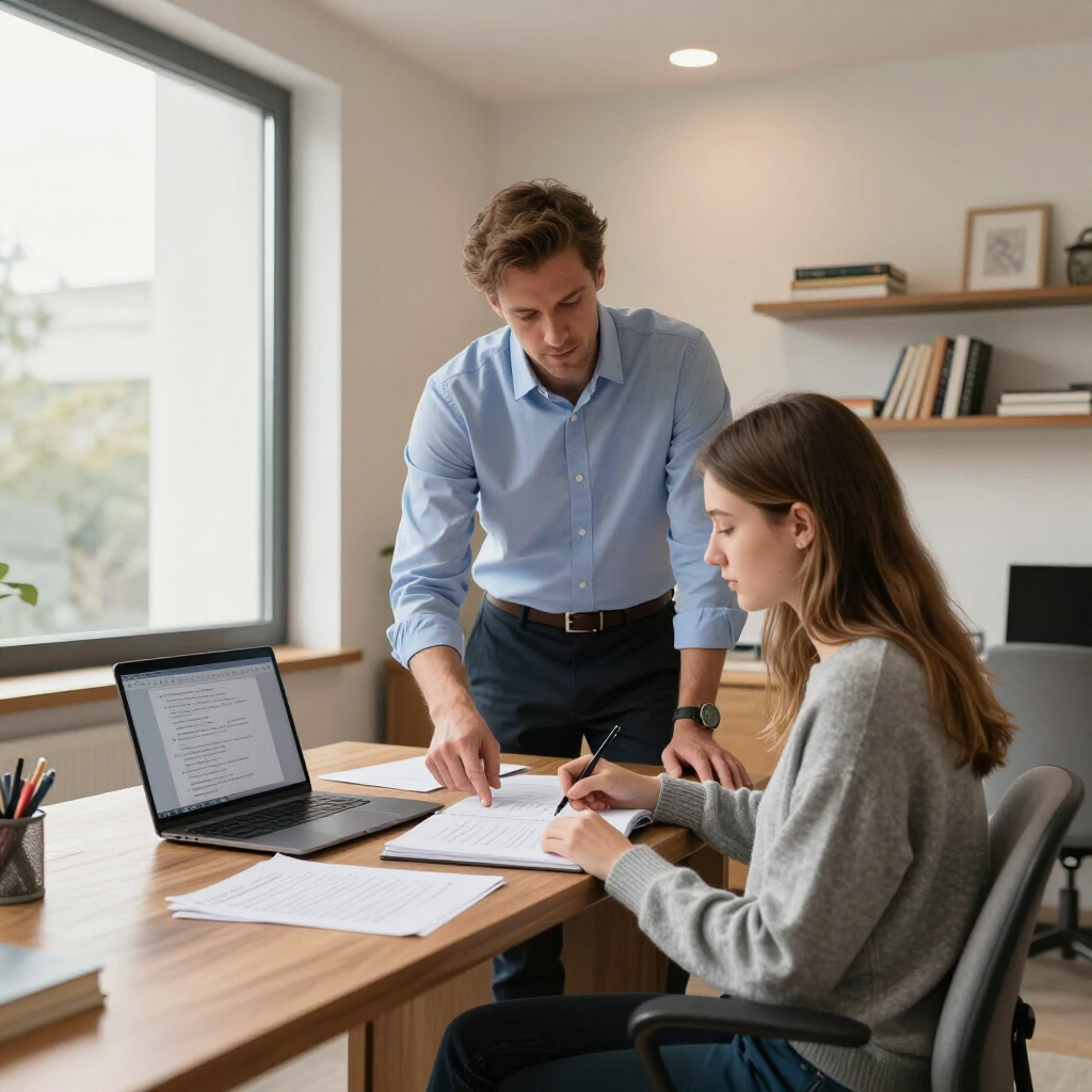 Office meeting with two people reviewing papers at a desk, with a laptop and bookshelves nearby
