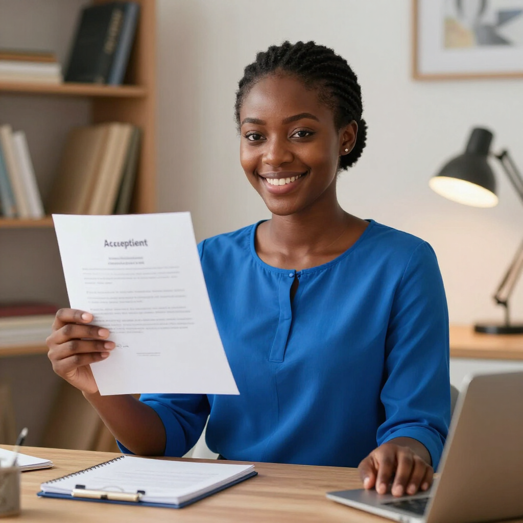Smiling woman in blue blouse holding a document at a desk in a home office
