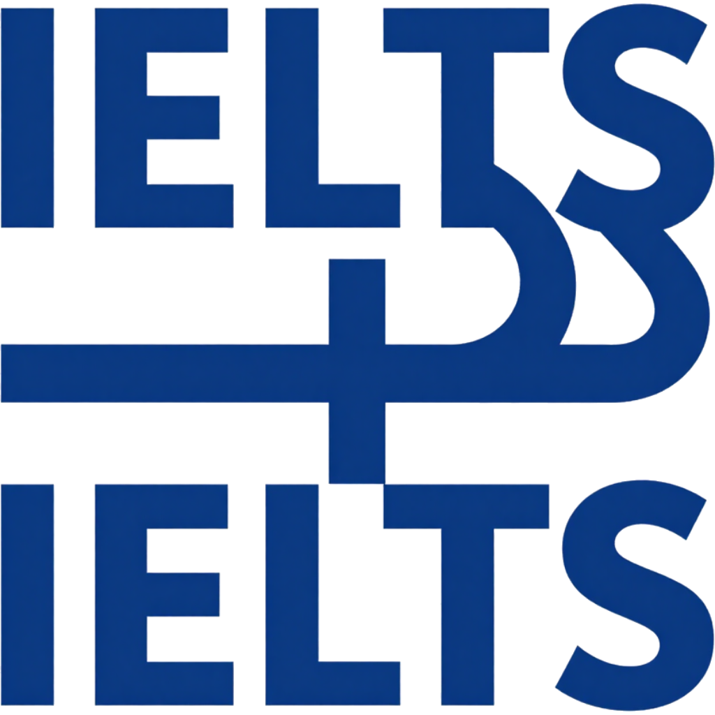 Blue IELTS logo with mirrored text and a stylized central emblem