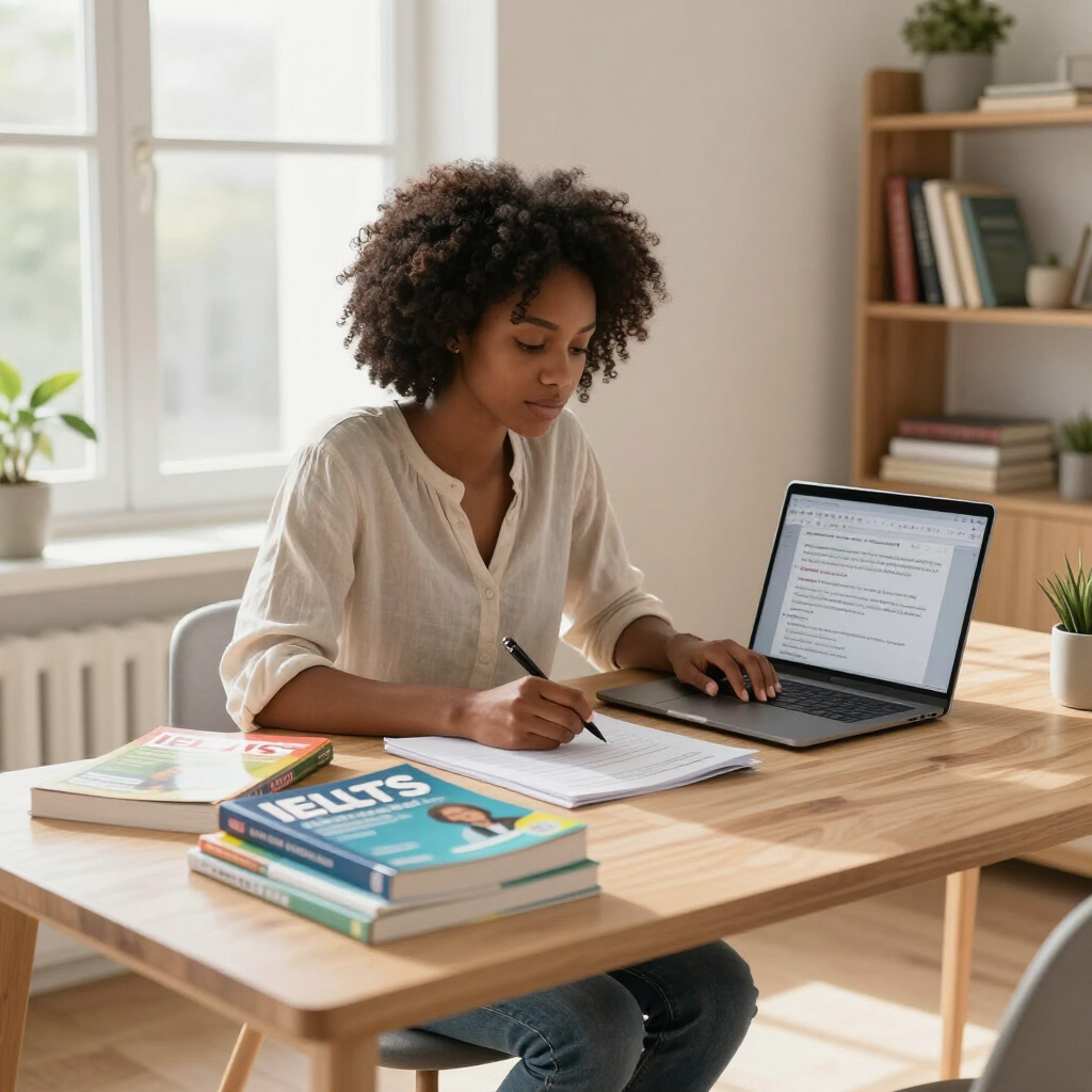 Person writing at a desk beside an open laptop in a bright home office