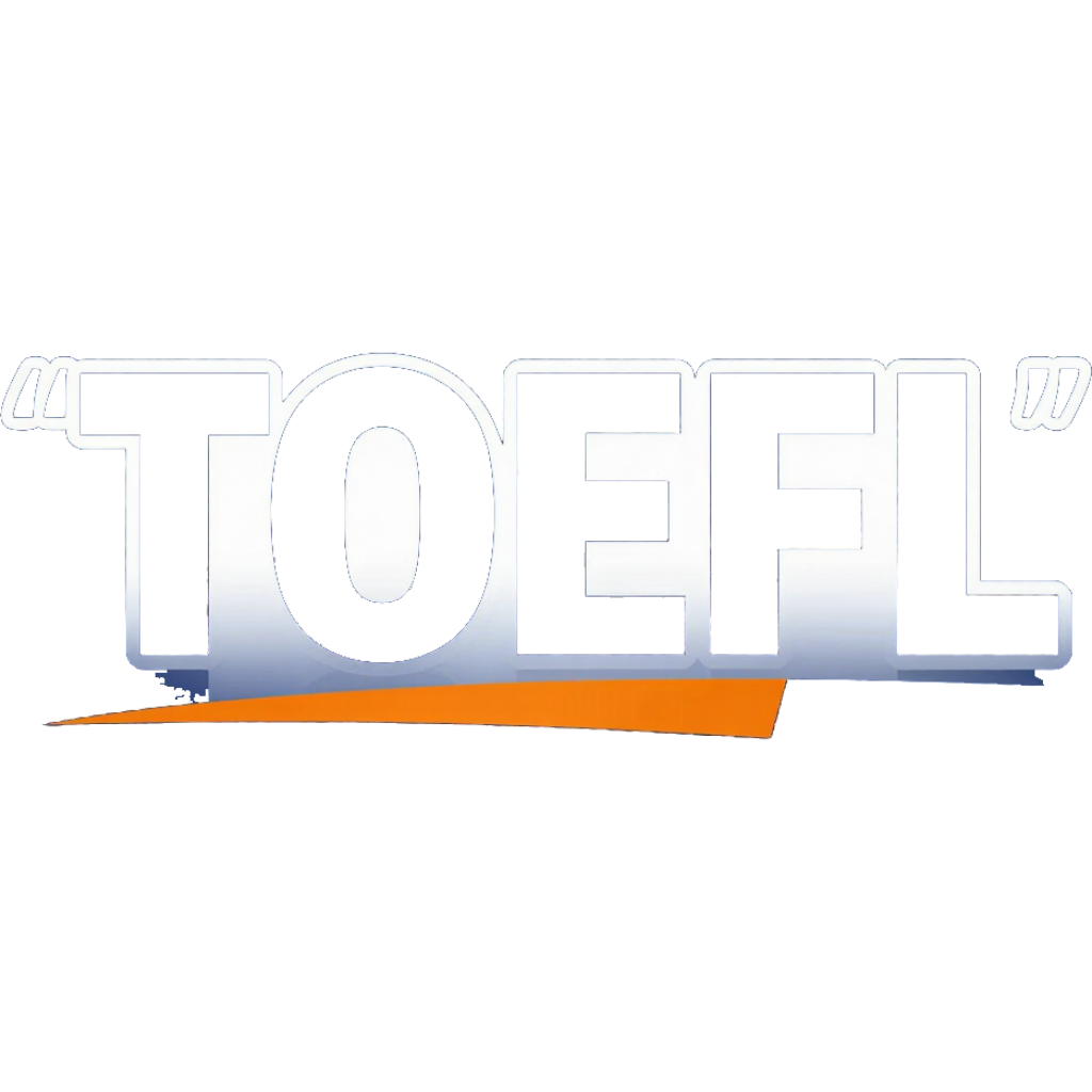 TOEFL logo in white with blue outline and orange swoosh underneath