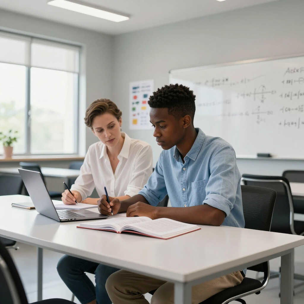Two students study together at a table with a laptop and notebook in a bright classroom