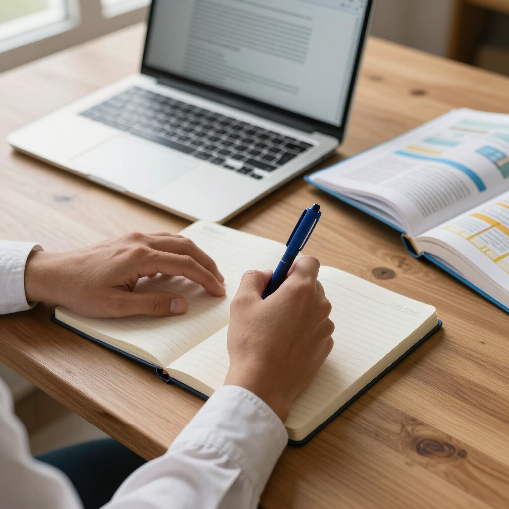 Hands writing in a notebook beside a laptop and open book on a wooden desk