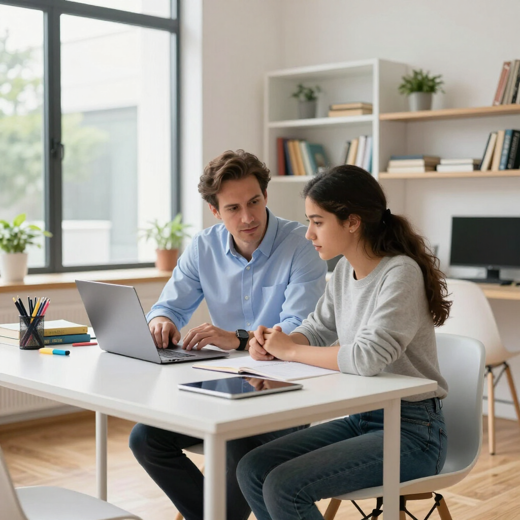 Two coworkers reviewing a laptop at a bright office desk with shelves and plants nearby