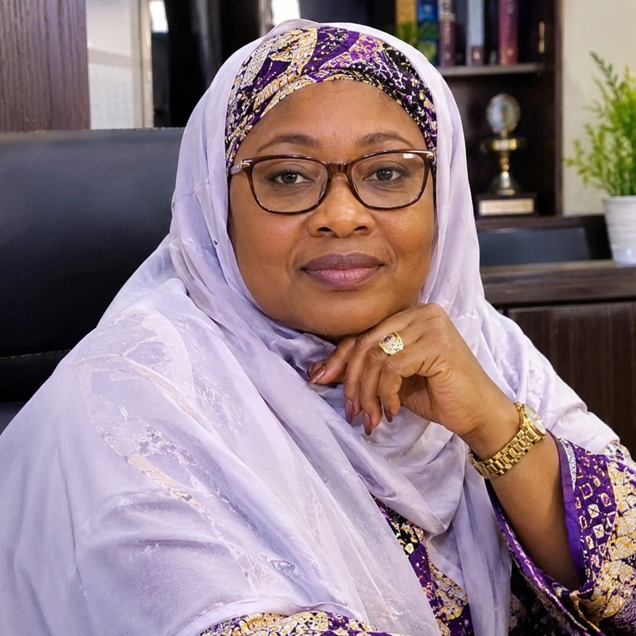 Portrait of a woman in a lavender headscarf and glasses, seated in an office with her hand resting on her chin.
