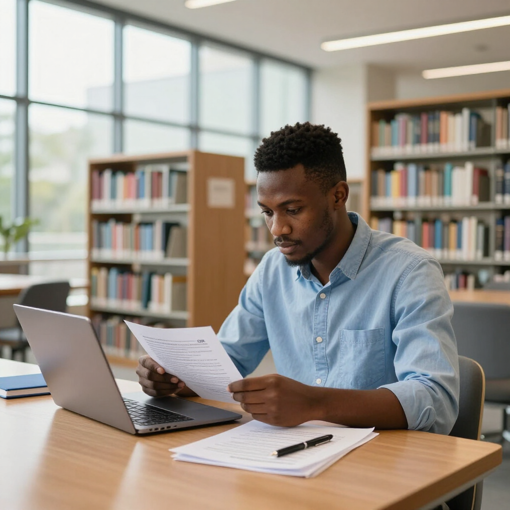 Person studying at a laptop in a library, reading a paper at a wooden table.