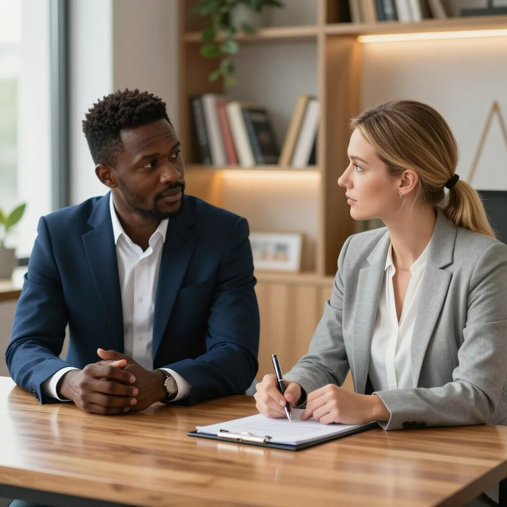 Two coworkers in business attire talking at a wooden table, one taking notes in a bright office.