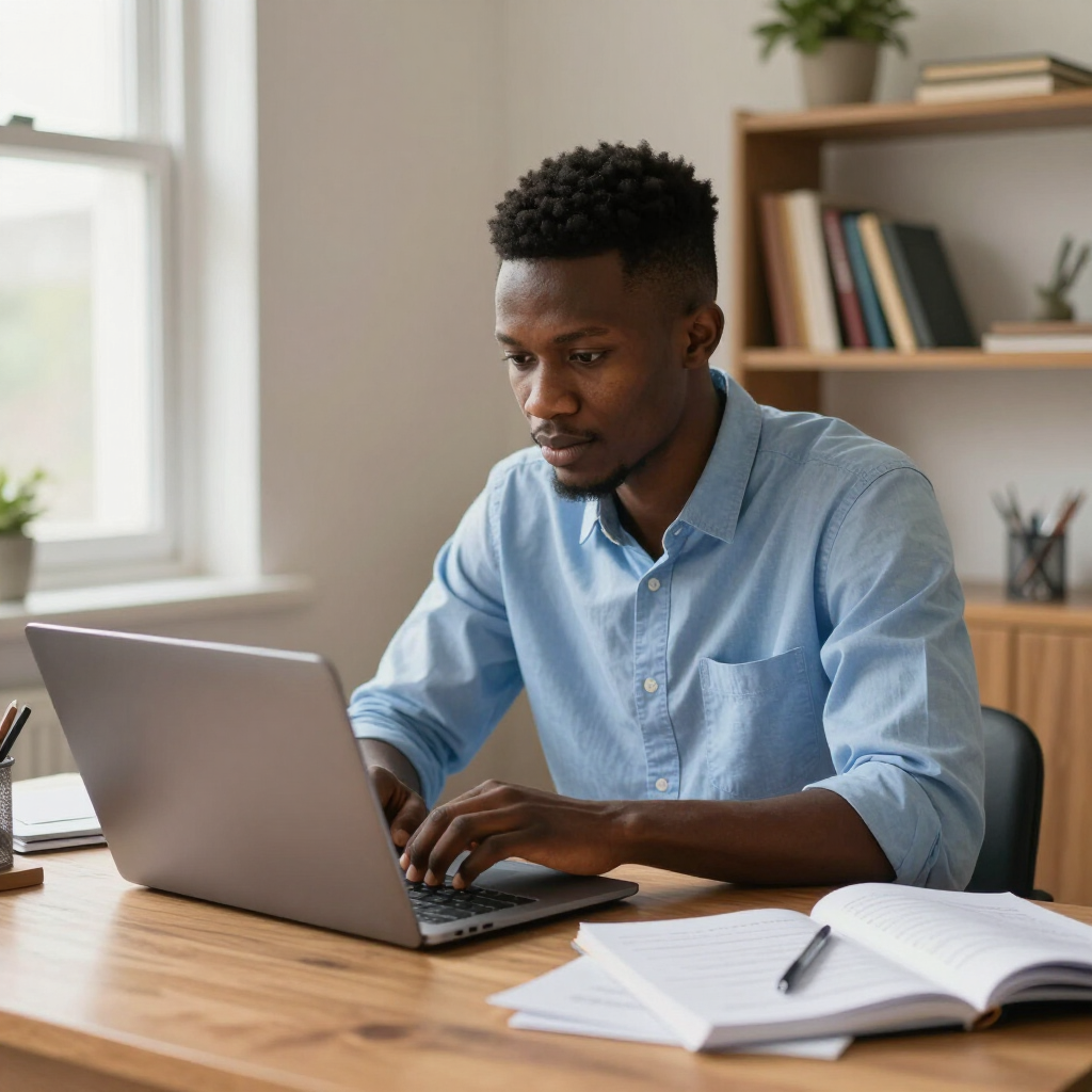 Person working on a laptop at a desk in a bright home office