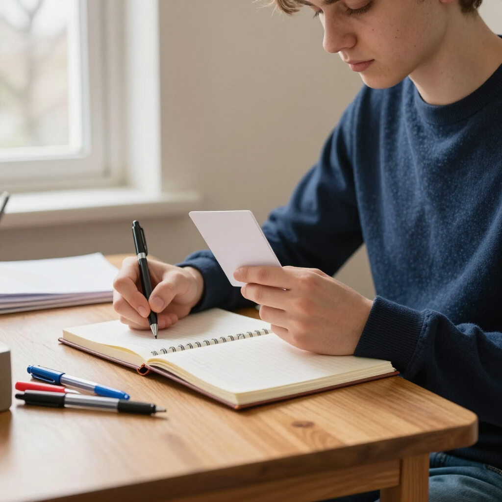Person writing in a notebook while holding a card at a desk with pens and a window nearby