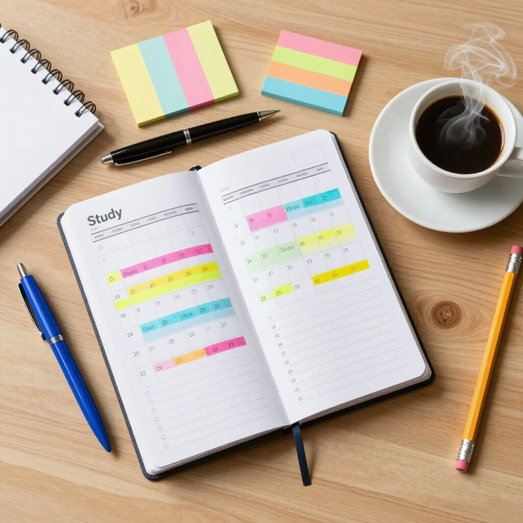 Study desk with open planner, colorful sticky notes, pens, and a cup of coffee on a wooden table