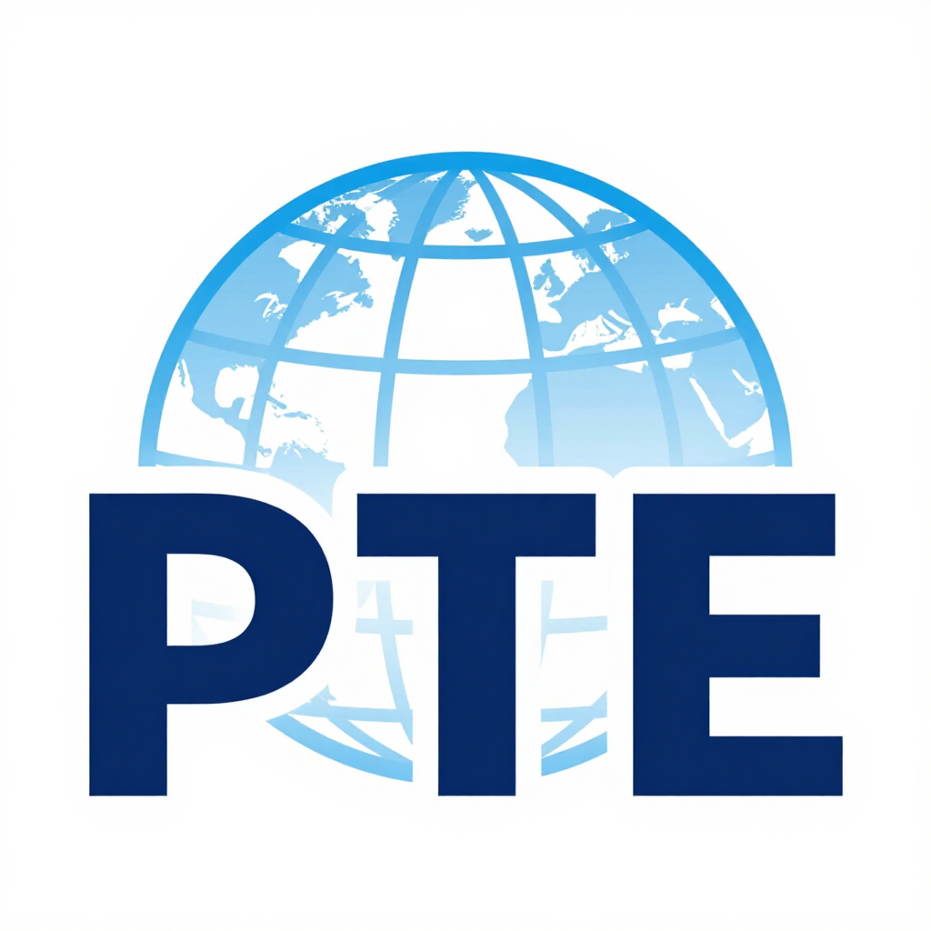PTE logo with blue globe graphic behind bold navy letters on a white background