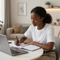 Person writing in a notebook beside a laptop at a table in a bright living room