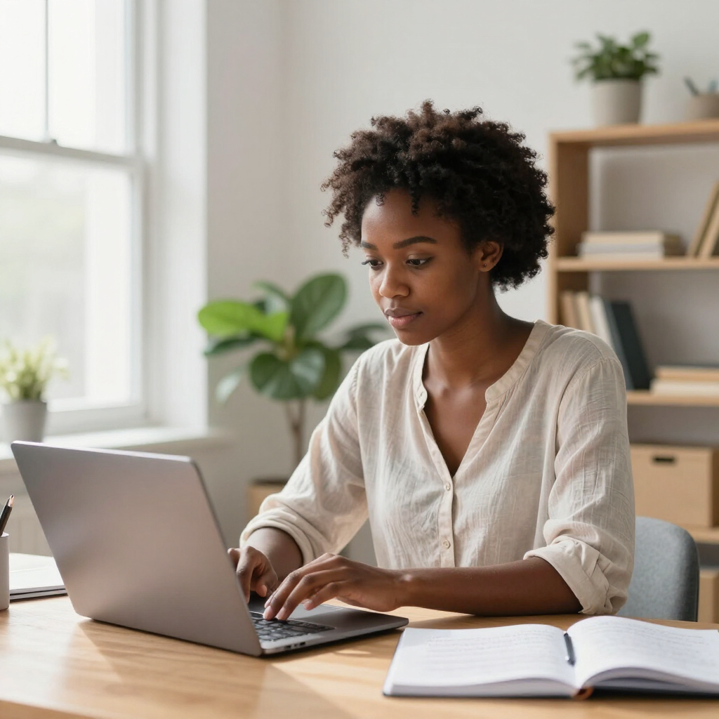 Person working on a laptop at a desk with an open notebook in a bright home office