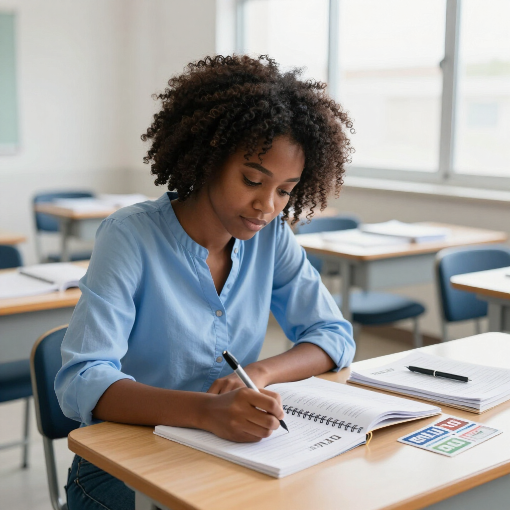 Student writing in a notebook at a desk in a bright classroom, with books and a laptop nearby