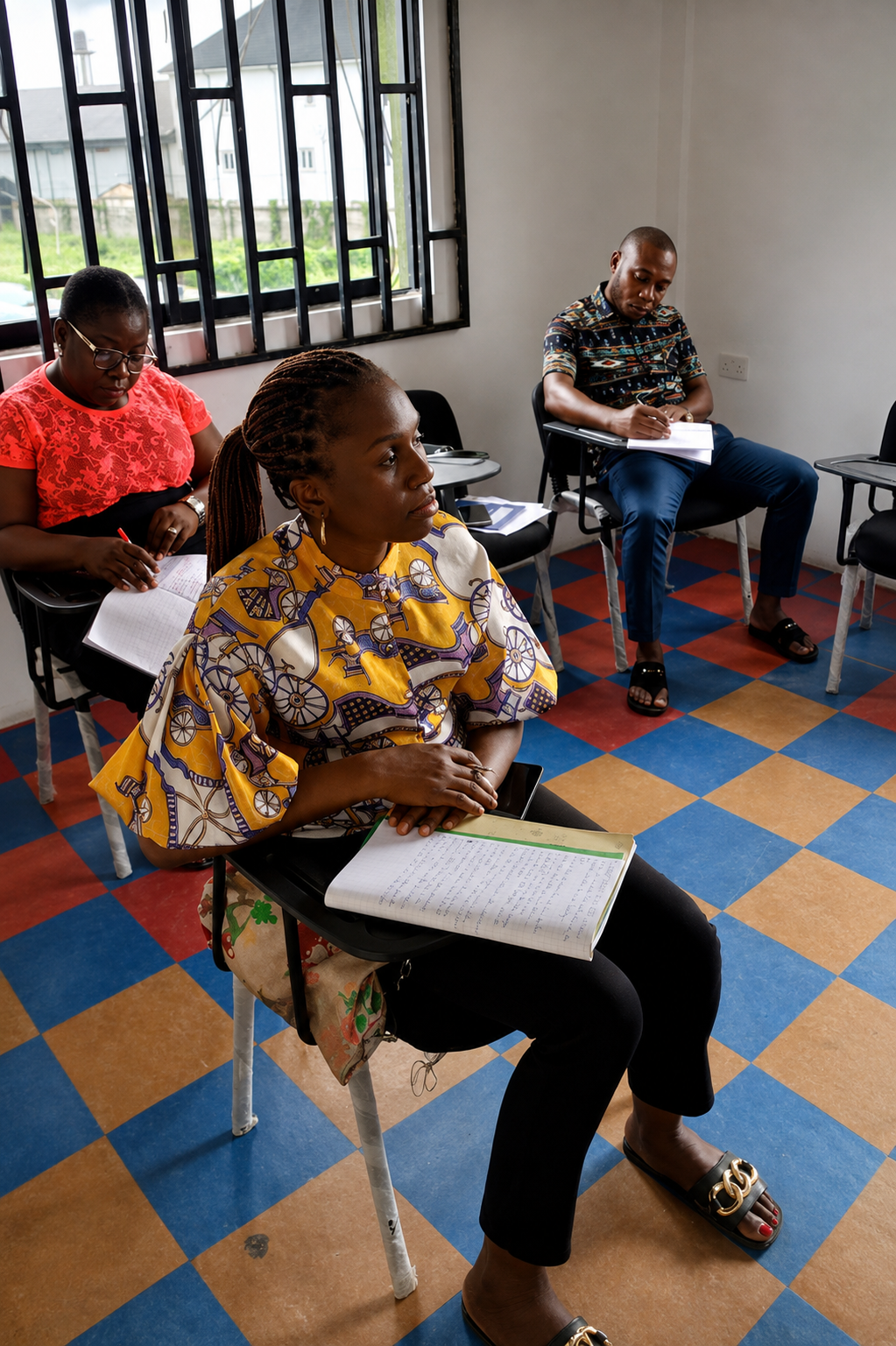 People seated in a classroom, writing in notebooks during a lesson.
