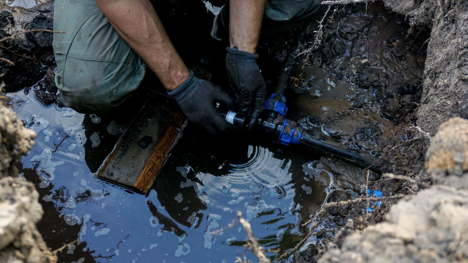 Worker in gloves repairing a blue pipe in a muddy trench with standing water Worker in gloves repairing a blue pipe in a muddy trench with standing water