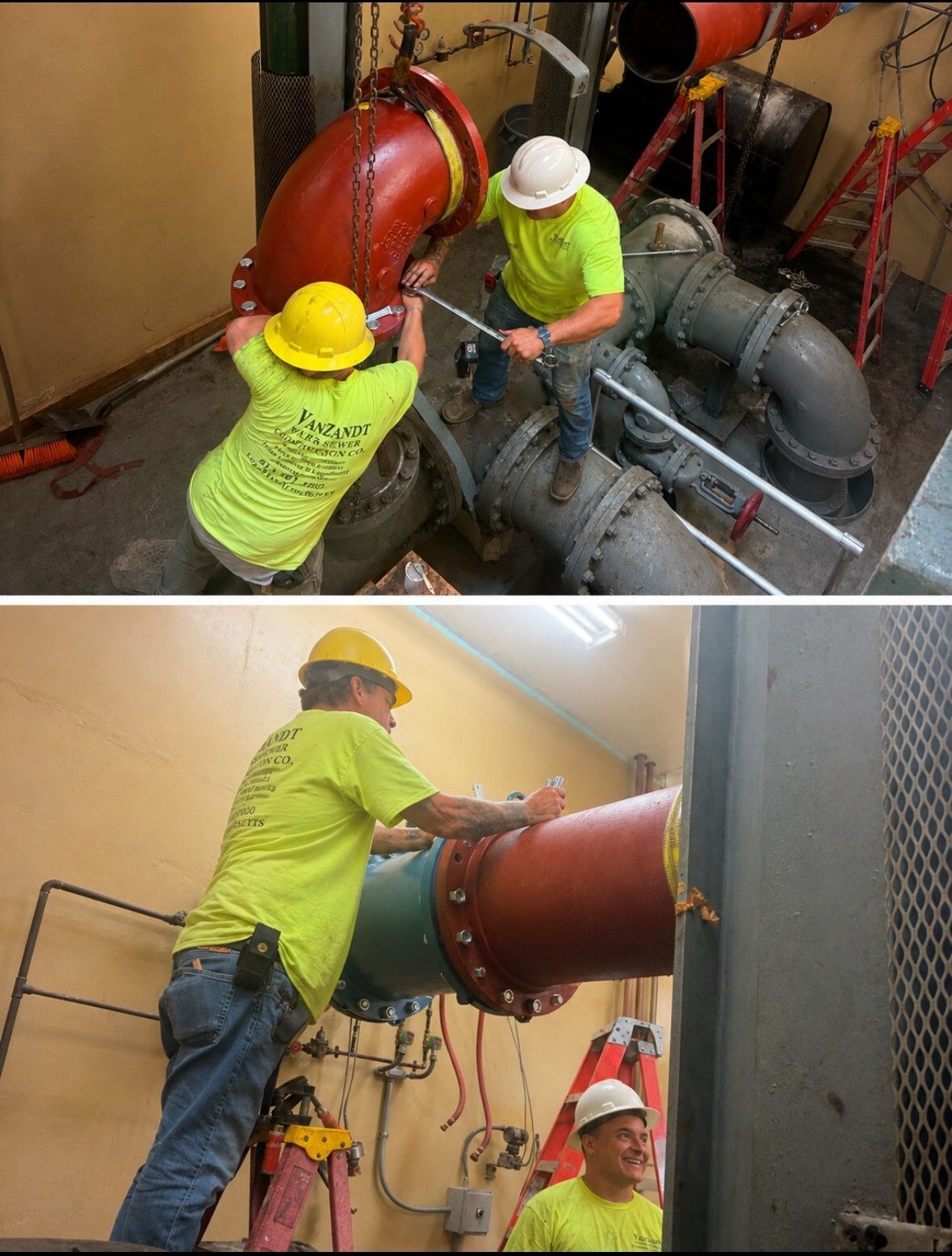 Workers in neon safety gear install a large red pipe in an industrial mechanical room. Workers in neon safety gear install a large red pipe in an industrial mechanical room.