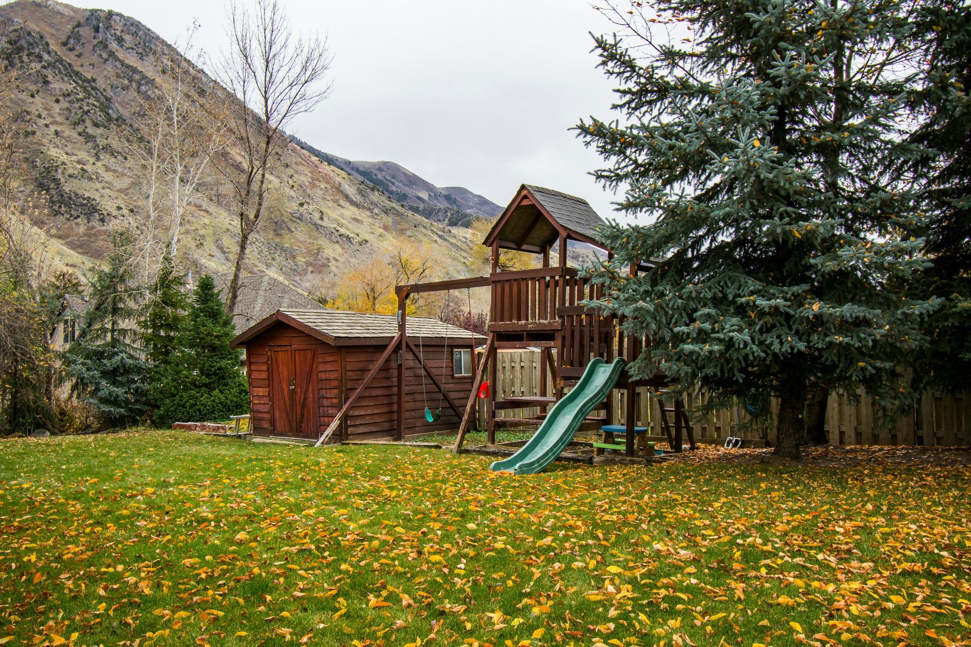 A playground with a slide and swings in a yard with mountains in the background.