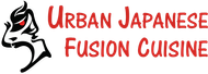 Urban Japanese Fusion Cuisine logo with stylized black-and-white face and red text