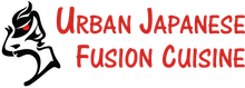 Urban Japanese Fusion Cuisine logo with stylized black-and-white face and red text