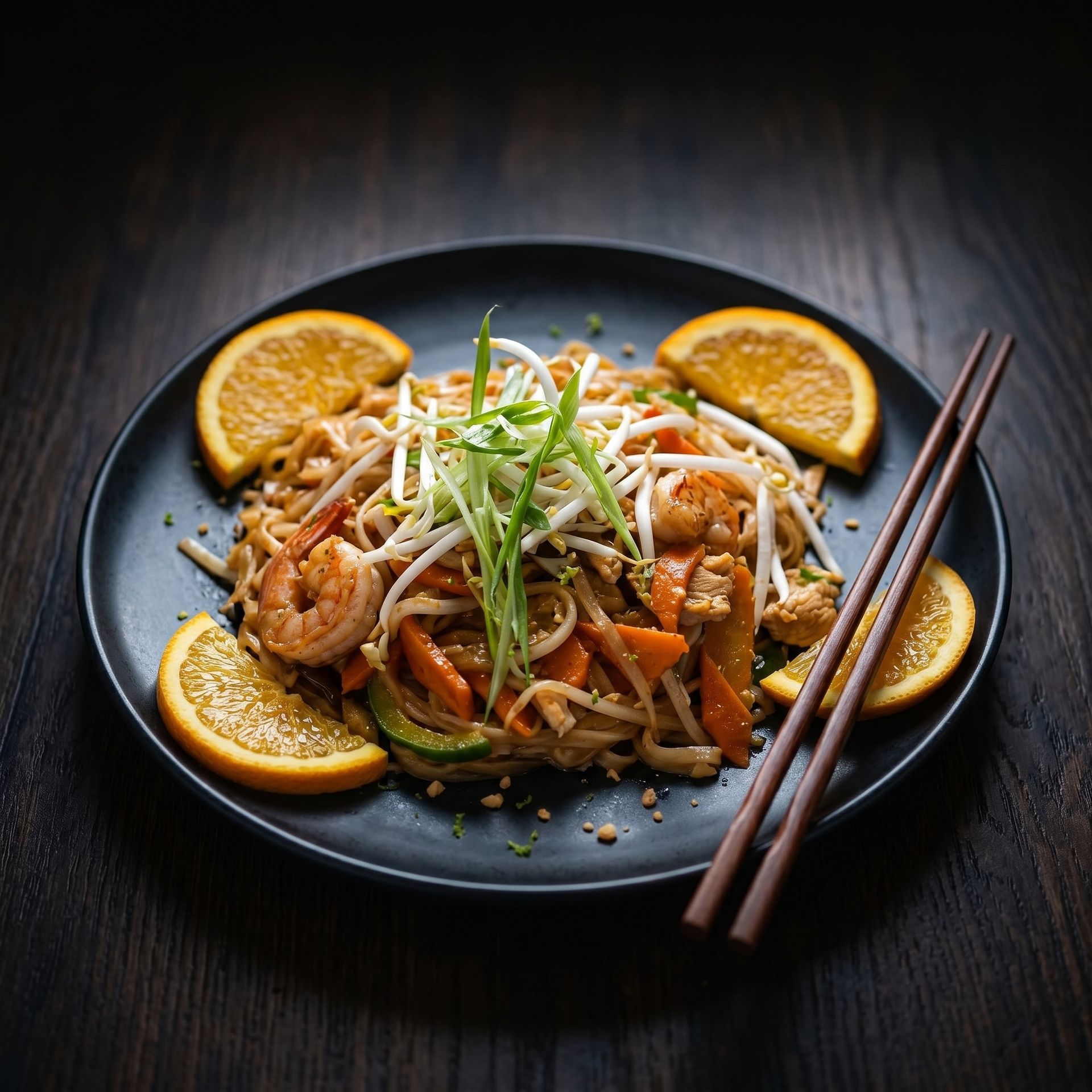 Stir-fried noodles with shrimp and herbs on a black plate, garnished with orange slices and chopsticks beside it