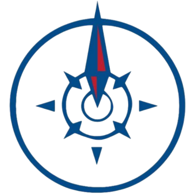 A blue and red compass in a circle on a white background A blue and red compass in a circle on a white background