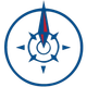 A blue and red compass in a circle on a white background