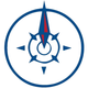 A blue and red compass in a circle on a white background