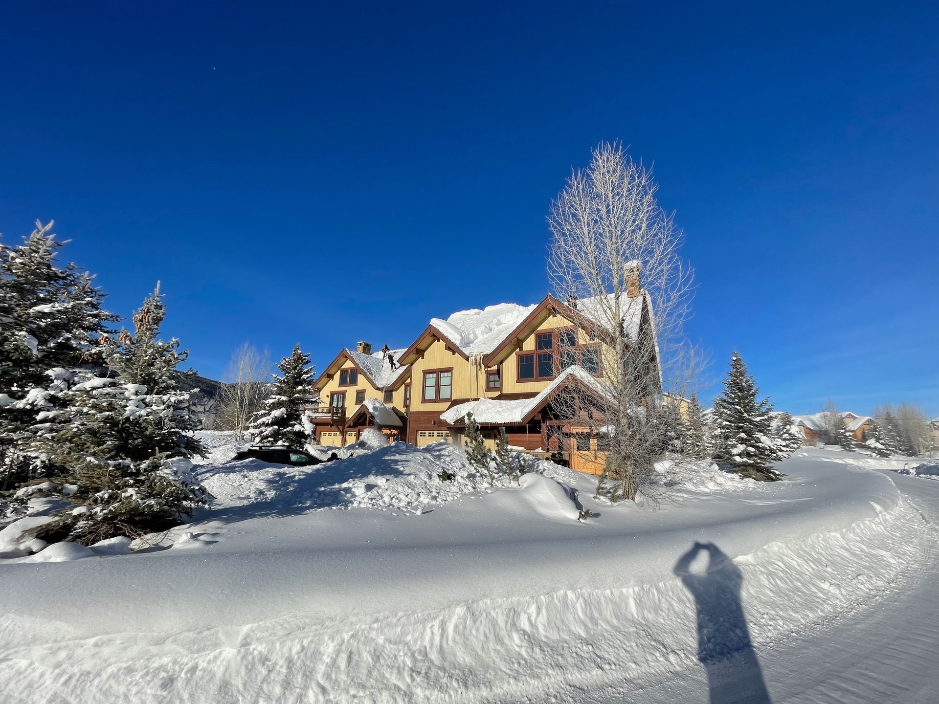 Snow-covered wooden cabins nestled in a winter landscape; overcast sky.