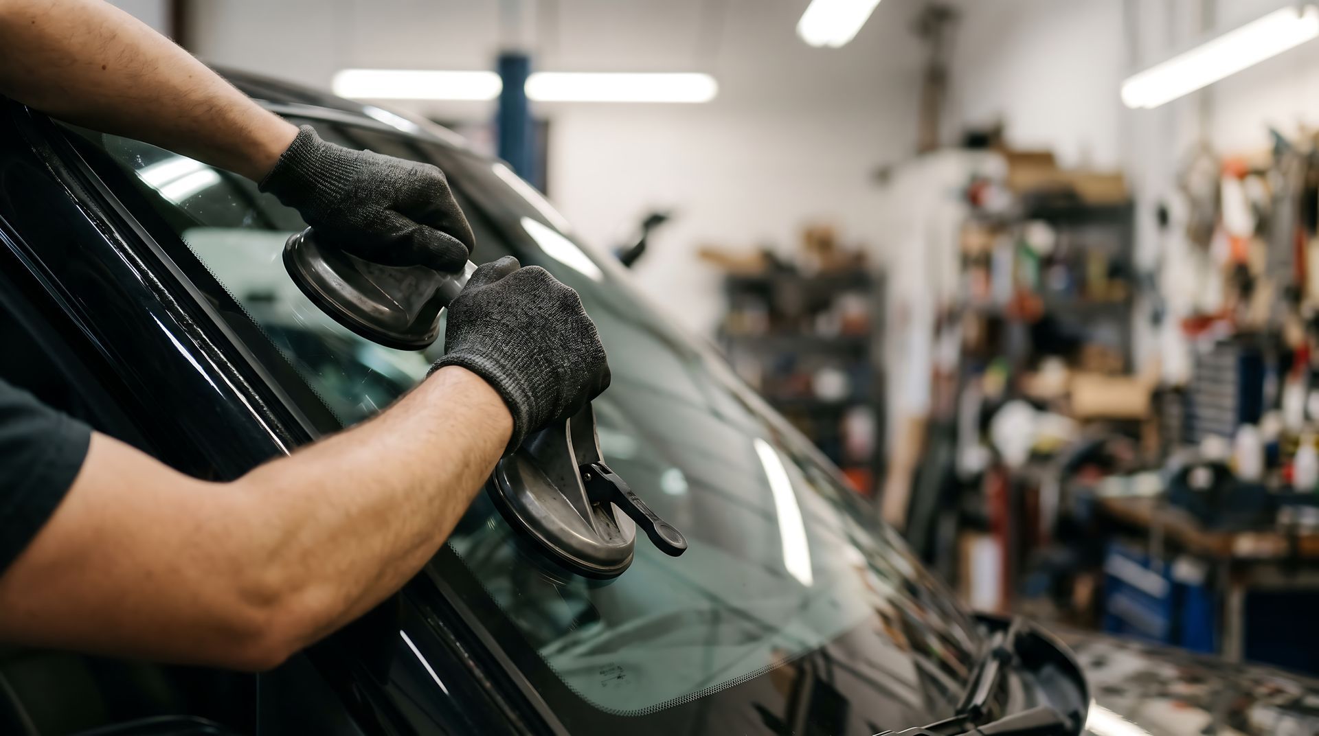 Gloved hands use suction cups to lift and install a windshield during automotive glass repair work.