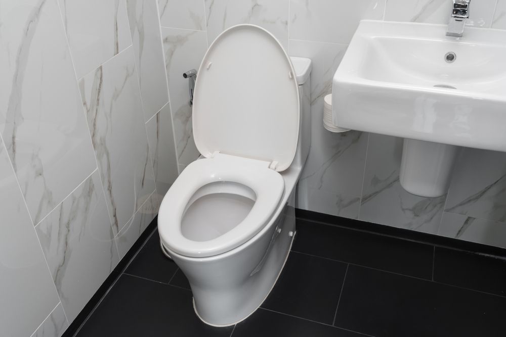 White toilet with an open lid next to a white sink, set in a bathroom with marble-tiled walls and black flooring.