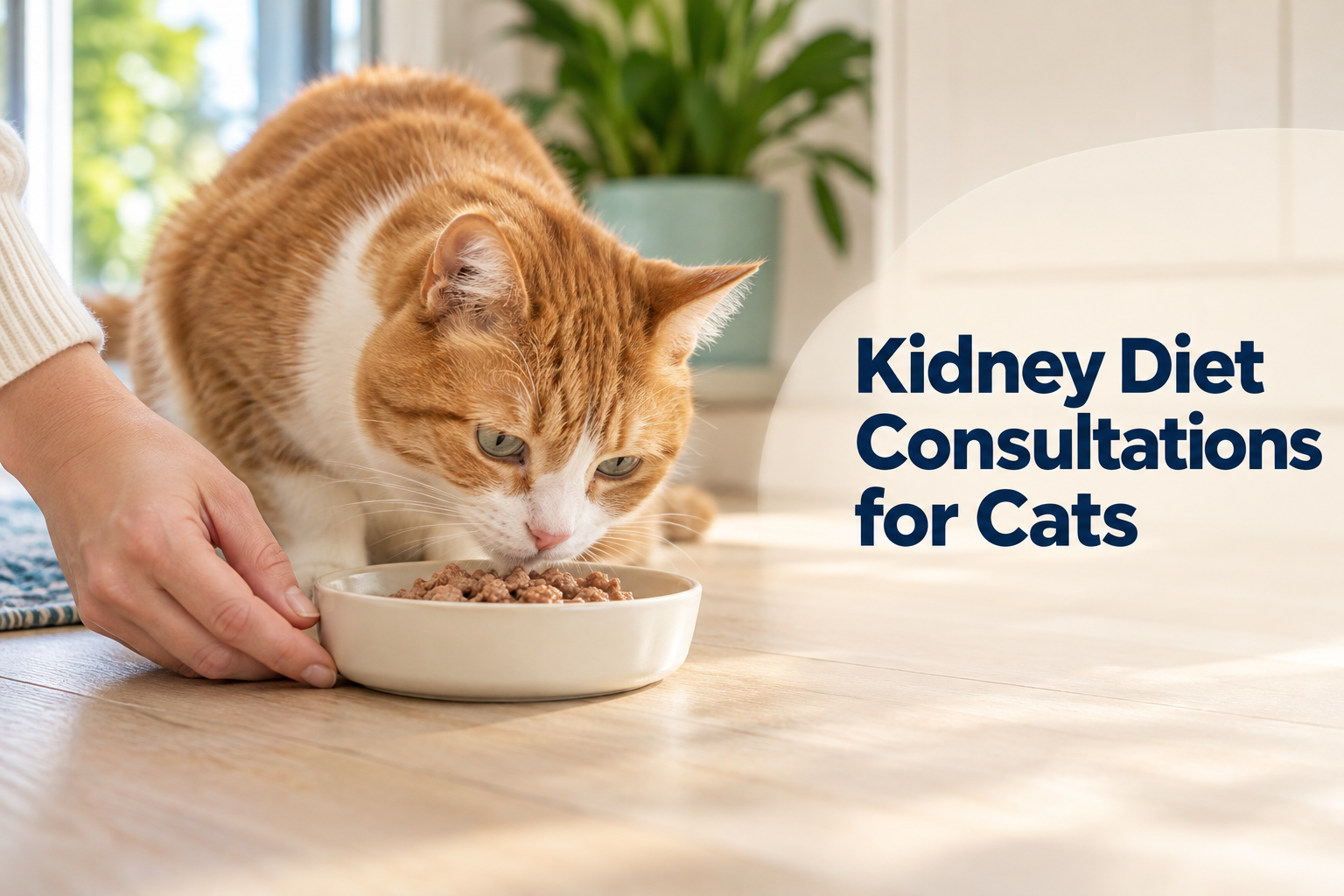 Senior cat eating a kidney diet at home before a vet consultation in Plantation